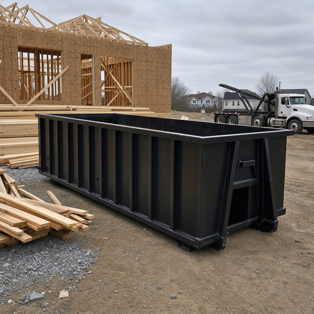 Matte-black 40-yard roll-off dumpster staged on a framed-out residential construction site in Montebello, framing lumber stacked nearby, hooklift delivery truck visible in the background under bright Colorado daylight