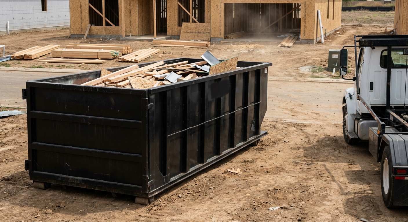 Matte-black 20-yard roll-off construction dumpster with heavy ribbed steel sidewalls and swing rear doors at a working jobsite in Montebello, sitting directly on compacted dirt with an unmarked white hauler partially visible at the far edge of the frame.