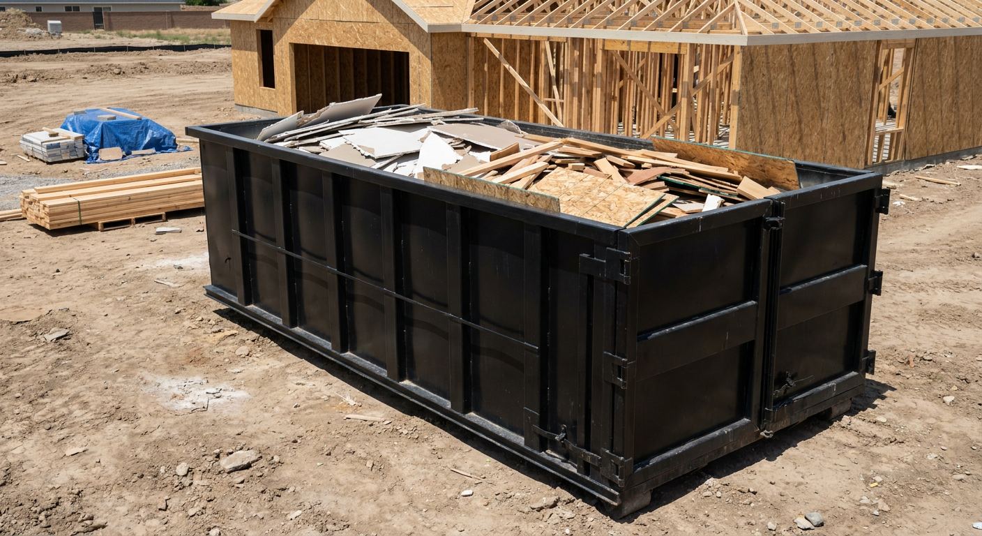 Matte-black 30-yard roll-off construction dumpster sitting directly on the compacted-dirt site of a framed single-family home build in Montebello, drywall and lumber scrap loaded inside.