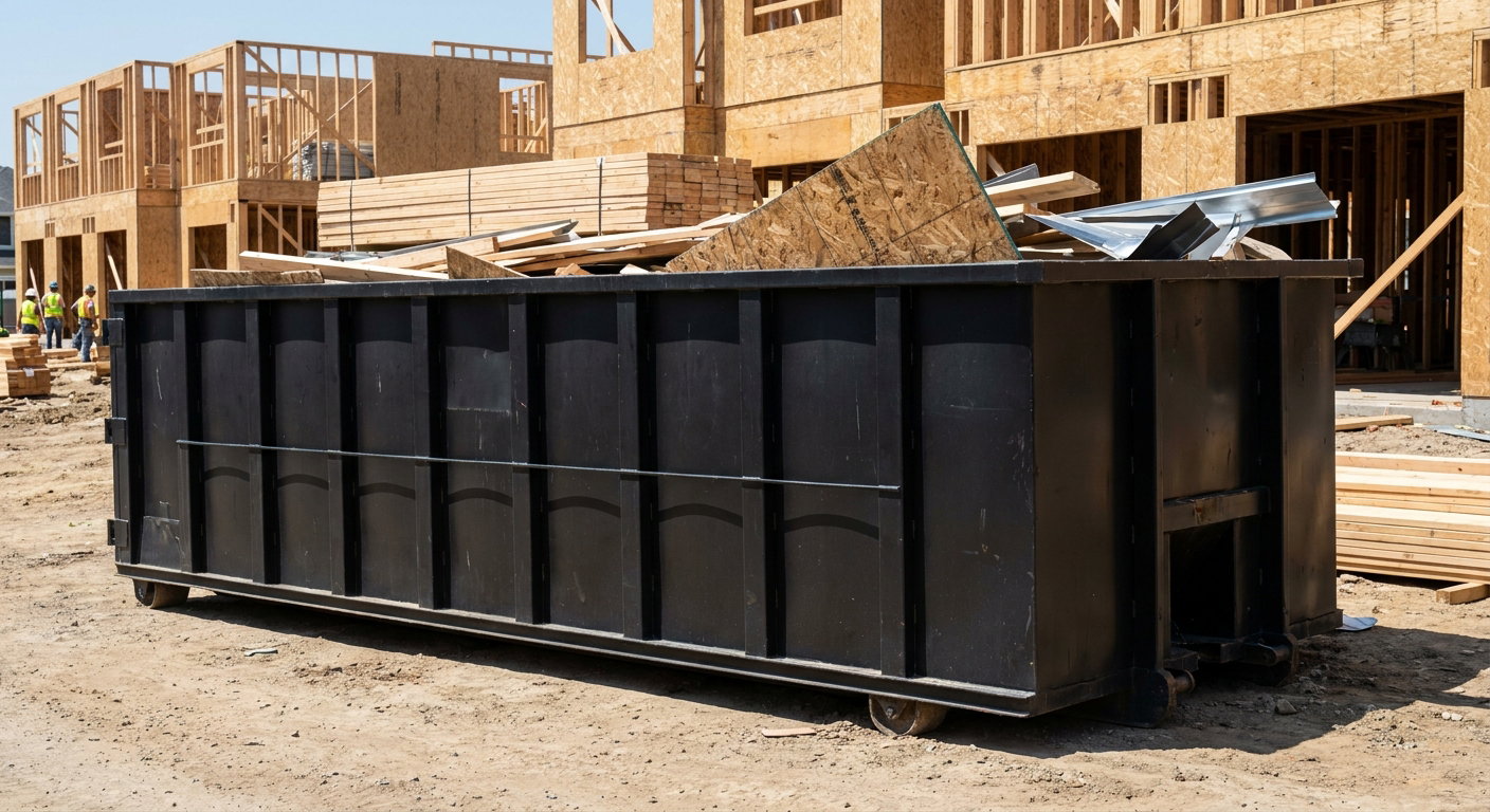 Matte-black 40-yard roll-off construction dumpster being lowered from a white-cab hooklift delivery truck onto the compacted-dirt jobsite at a commercial build site in Montebello