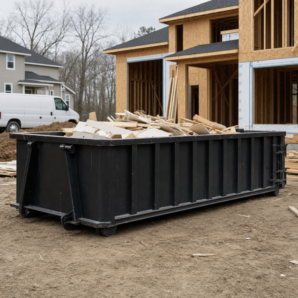 Worker in a yellow high-visibility vest tossing framing lumber and broken drywall into a matte-black 30-yard construction roll-off dumpster on an active build site in Montebello, bright daylight