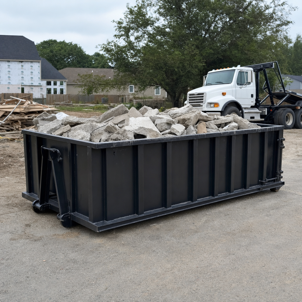 Low-profile matte-black lowboy roll-off dumpster loaded with broken concrete slab and rebar at a foundation tear-out in Montebello, skid steer parked beside it, sunny Colorado morning