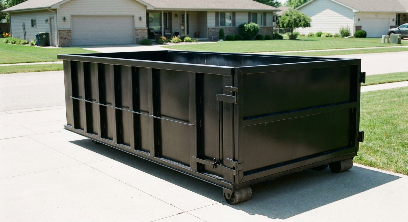Matte-black 10-yard roll-off dumpster on a residential concrete driveway in Montebello, uniformly painted matte black across every panel and rail, ribbed steel sidewalls and rear swing door visible, mid-day daylight.