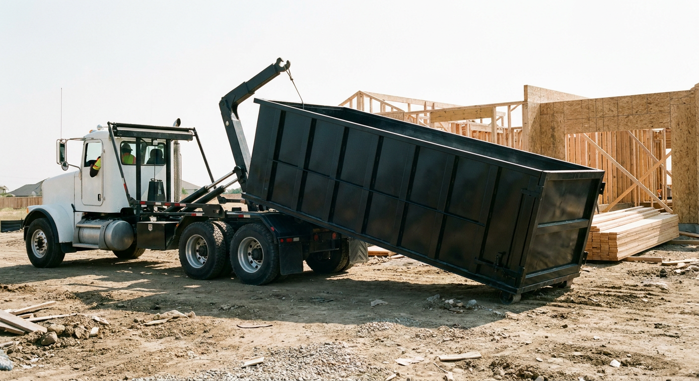 Matte-black roll-off dumpster being delivered onto a clean residential concrete driveway in Montebello by an unmarked white hooklift hauler truck, bright morning daylight, documentary 35mm perspective.