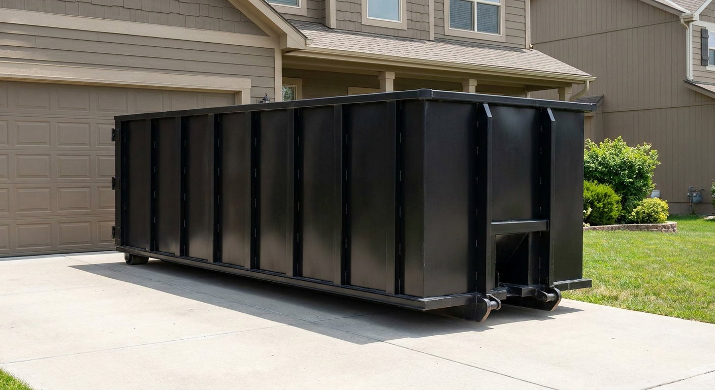 Matte-black residential roll-off dumpster sitting directly on a suburban Montebello concrete driveway, garage door closed, single-family home in background, bright morning daylight.