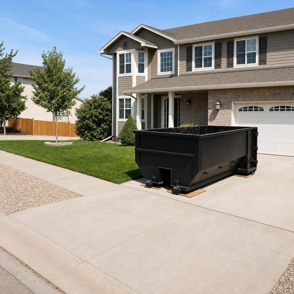 10-yard matte-black residential dumpster placed directly on a narrow Montebello concrete driveway, room remains for a parked sedan beside it, mid-morning natural light