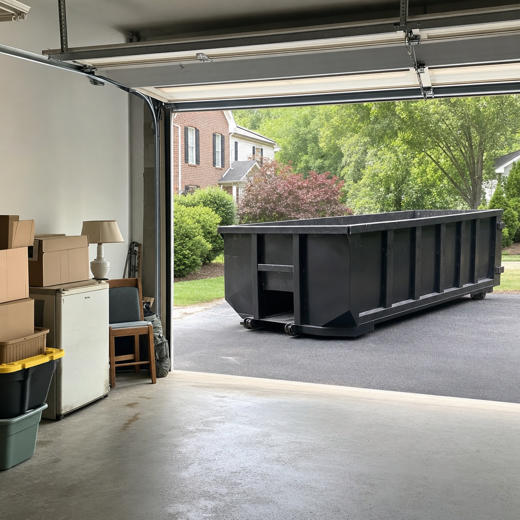 Open garage interior in a Montebello home mid-cleanout — boxed items, an old appliance, and stacked yard tools queued near the driveway for a matte-black roll-off dumpster, organized and calm