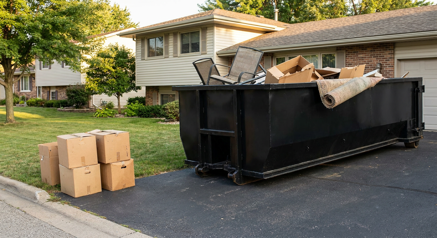 Front-yard view of a Montebello split-level home with a 20-yard matte-black roll-off dumpster sitting directly on the asphalt driveway, a few clearly labeled donation boxes staged at the curb, calm sunny afternoon.
