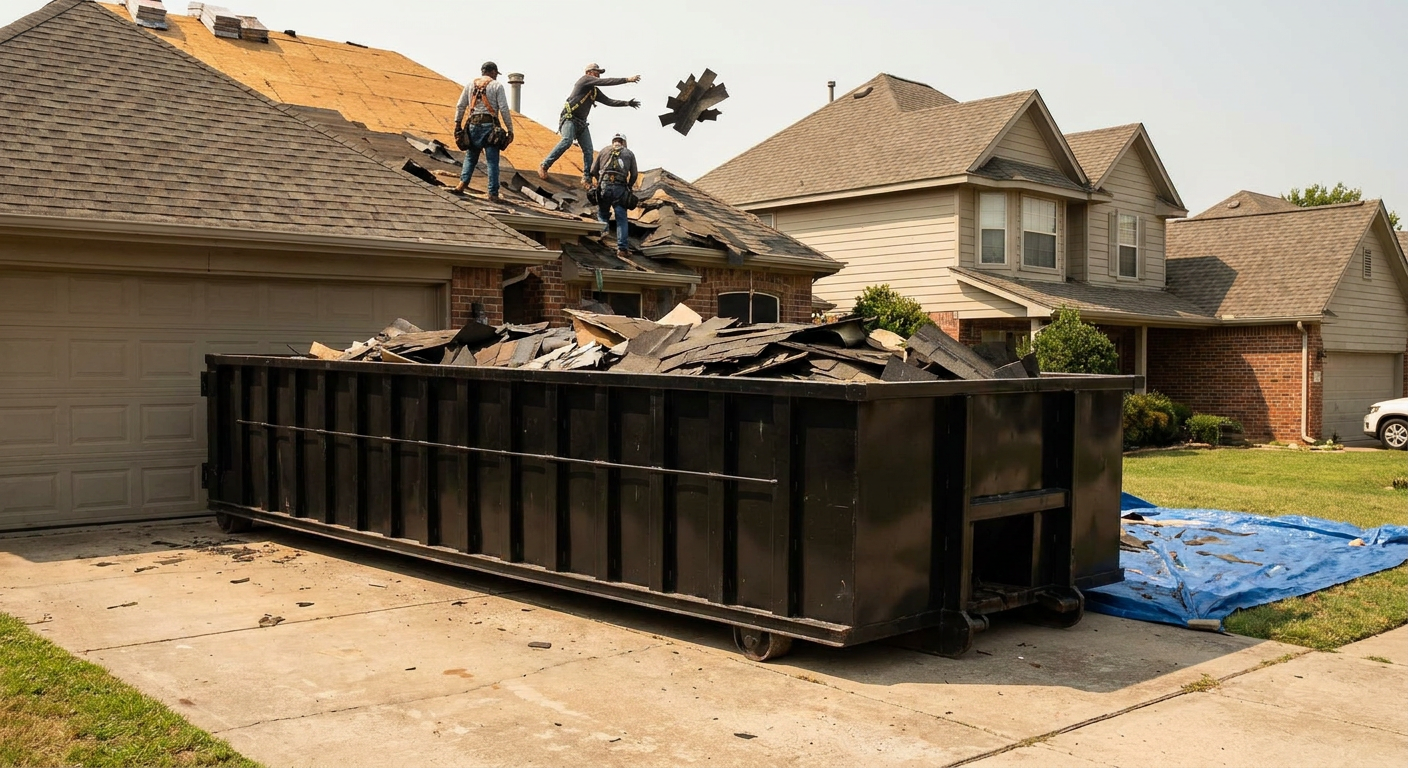 Matte-black roofing roll-off dumpster placed directly on a Montebello residential concrete driveway, a tear-off crew on a two-story asphalt-shingle roof tossing shingle bundles into the low-walled container, bright daylight, documentary 35mm perspective.