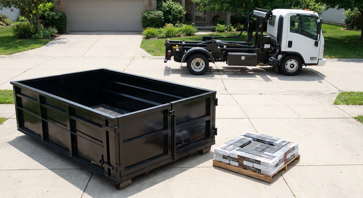 Matte-black 15-yard roofing roll-off dumpster with reinforced low side walls sitting directly on a Montebello residential concrete driveway, three-tab asphalt shingle bundles stacked nearby, an unmarked white hauler truck partially visible at the edge of the frame.