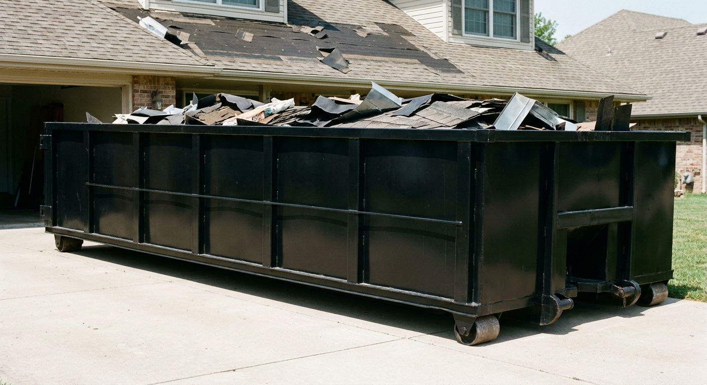 Matte-black 20-yard roofing roll-off dumpster with steel ribbed sides and swinging rear door, sitting directly on the concrete driveway of a two-story Montebello home, asphalt shingle debris being loaded over the low wall, clean documentary lighting.