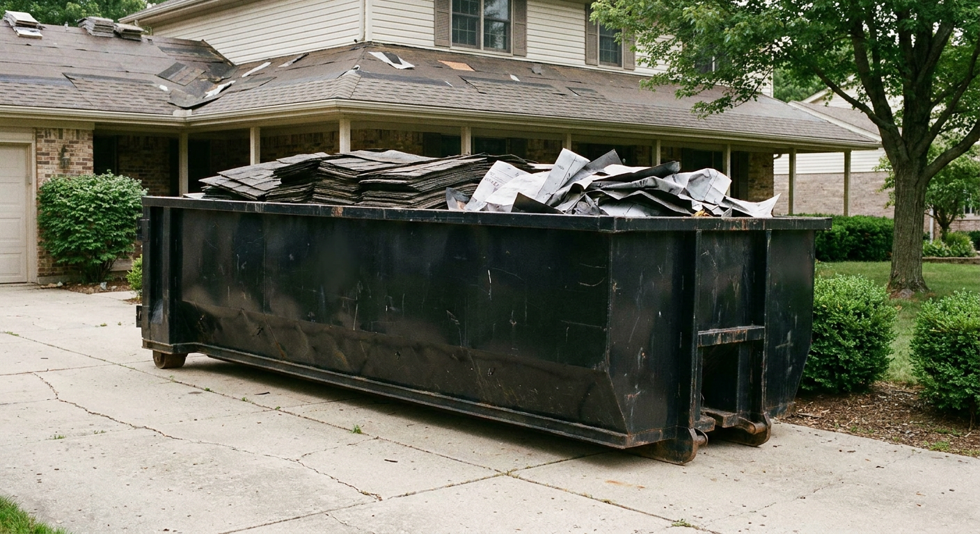 Matte-black 30-yard roofing roll-off dumpster sitting directly on a Montebello concrete driveway, taller ribbed steel side panels, mixed tear-off debris of asphalt shingles and underlayment inside, professional documentary daylight.