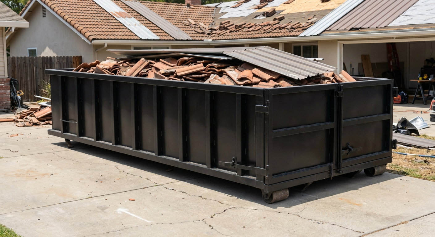Matte-black low-wall heavy-debris roofing roll-off dumpster sitting directly on a Montebello concrete driveway, broken concrete clay roof tiles and metal panel sections loaded inside, reinforced ribbed steel side walls visible, bright outdoor daylight.