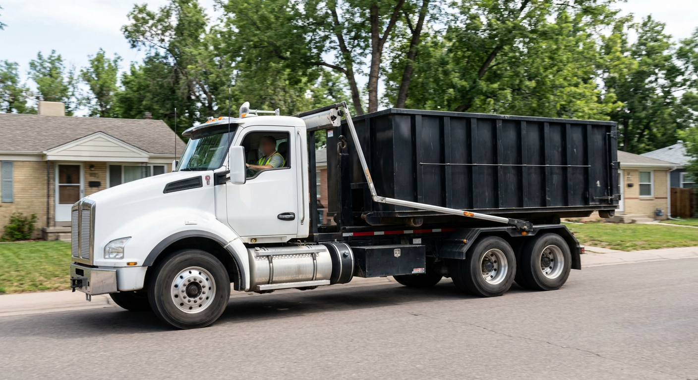 A wide documentary shot of a matte-black roll-off delivery truck pulling onto a quiet Montebello residential street at mid-morning, with neighborhood rooftops and tree-lined blocks visible behind, showing the metro coverage footprint.