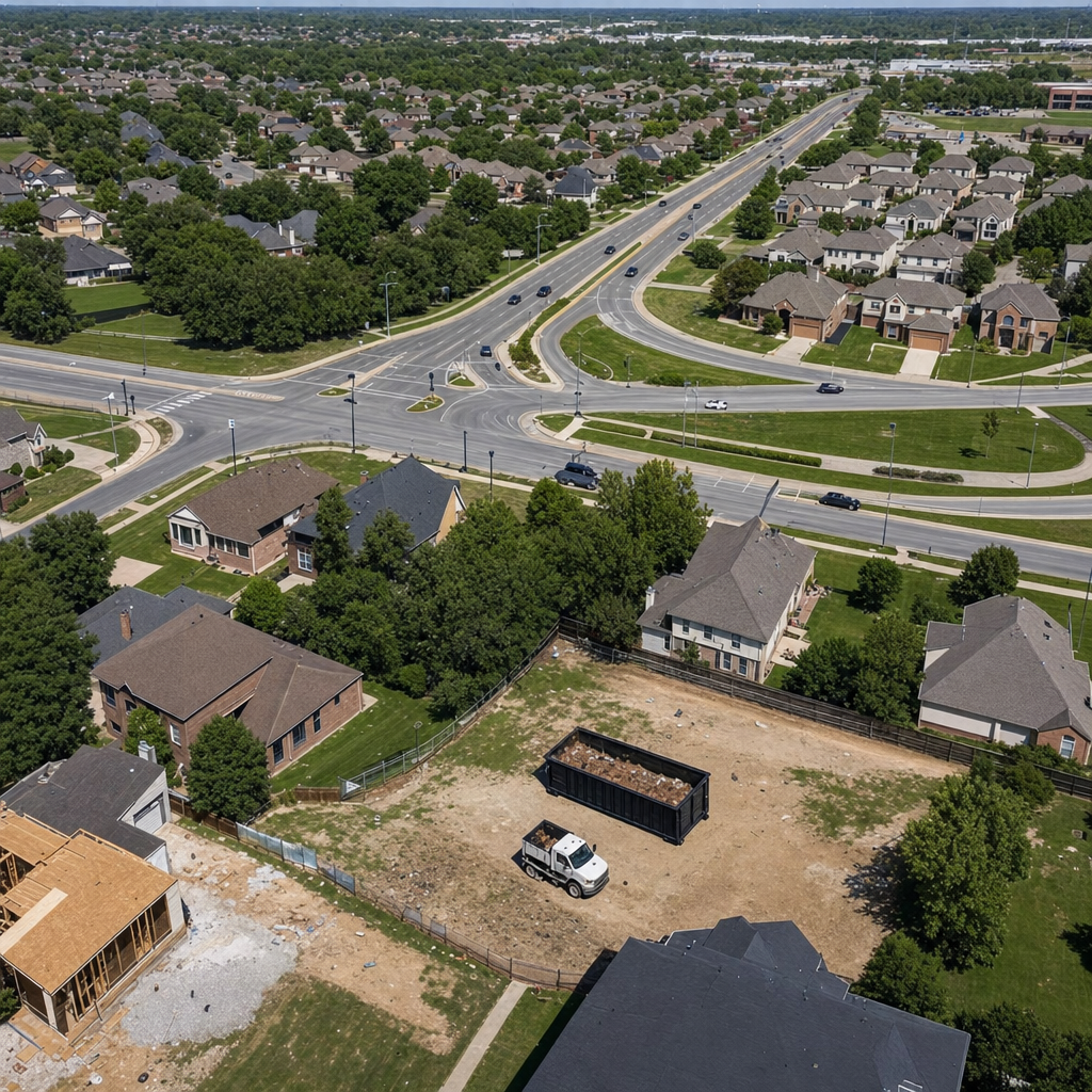An overhead documentary view of the Montebello metro area at midday, showing the spread of neighborhoods, arterial roads, and the dispatch radius from a central yard — clean daylight, organized geographic layout.