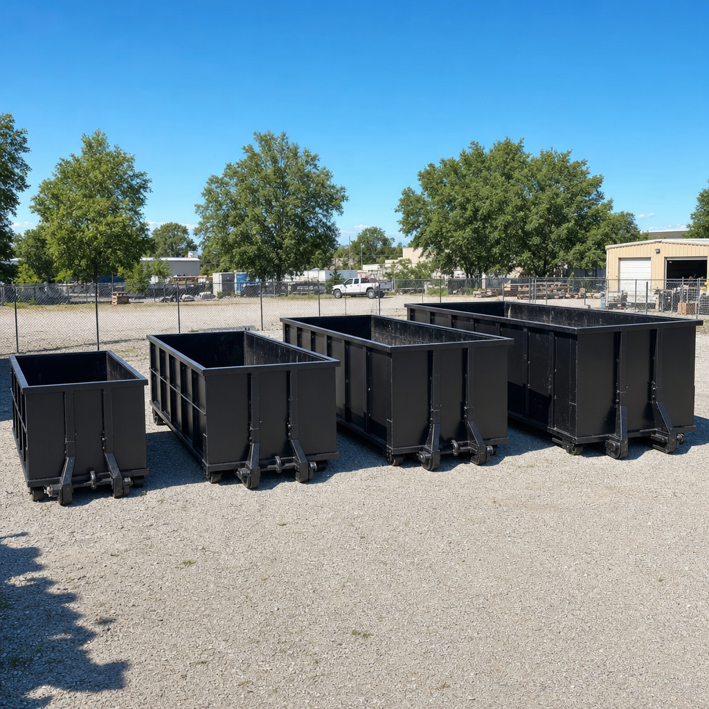 A clean lineup of matte-black roll-off dumpsters in 10, 20, 30, and 40-yard sizes staged on a sunlit gravel yard in Montebello, showing the size progression from compact to commercial-scale containers.
