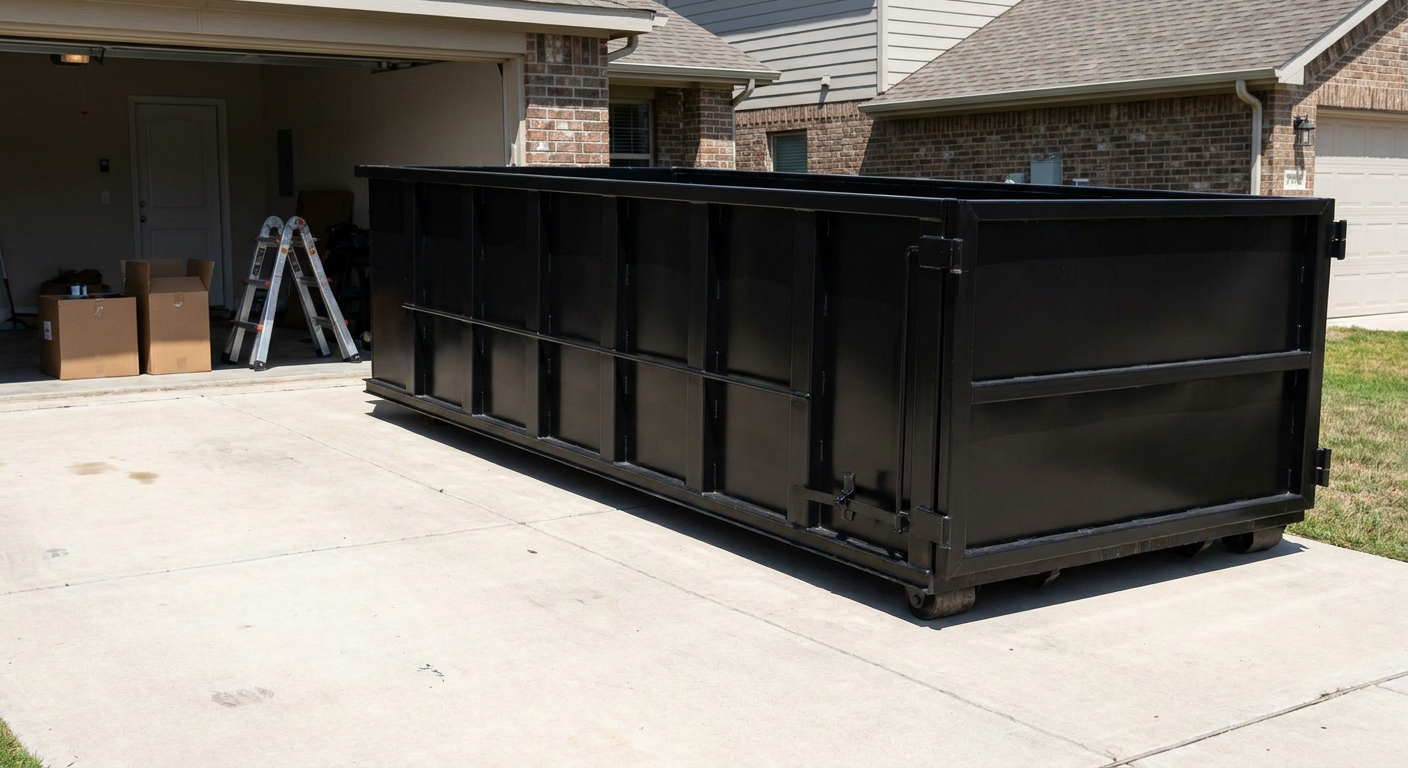 A matte-black 10-yard roll-off dumpster sitting directly on a residential Montebello concrete driveway, mid-day sunlight, clean and ready for a garage cleanout.