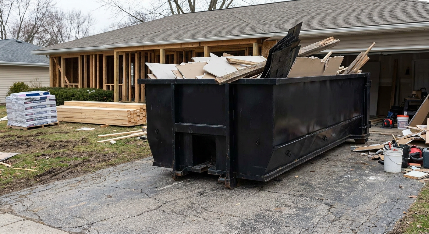 A matte-black 20-yard roll-off dumpster placed alongside a mid-renovation Montebello home directly on the asphalt driveway, with framing materials and torn-off shingles staged neatly nearby.