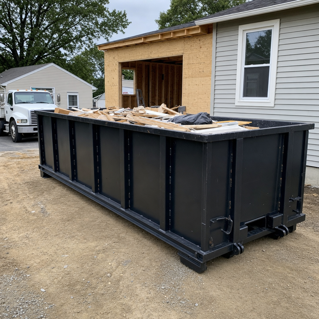 A matte-black 30-yard roll-off dumpster positioned at a Montebello residential addition jobsite, with framing lumber and drywall scraps loaded through the open swinging rear doors.