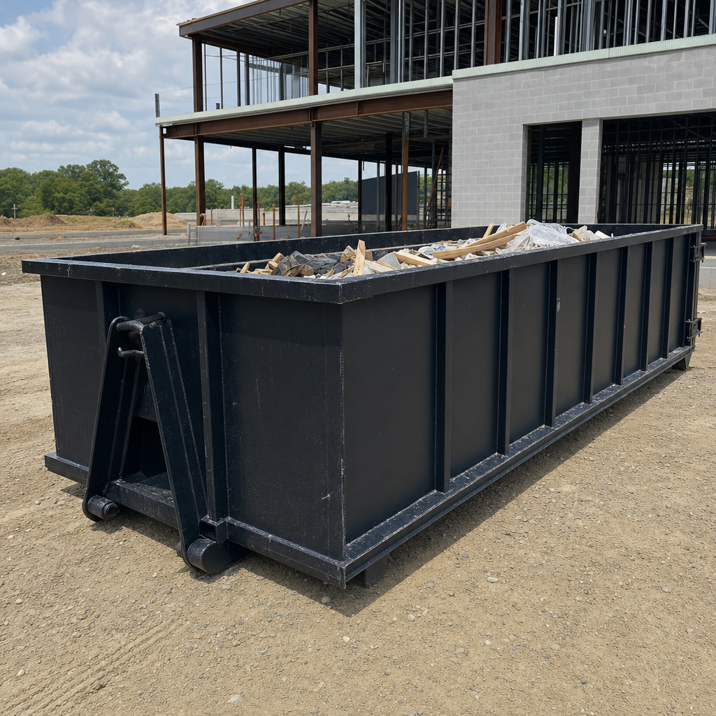 A matte-black 40-yard roll-off dumpster staged on a large Montebello commercial construction lot, with a hooklift delivery truck parked alongside under bright midday sky.