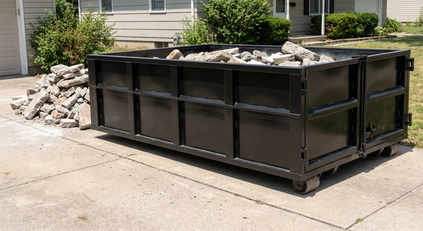 A matte-black low-side heavy-debris roll-off dumpster placed directly on a Montebello concrete driveway, with broken concrete chunks neatly stacked beside it under clean daylight.